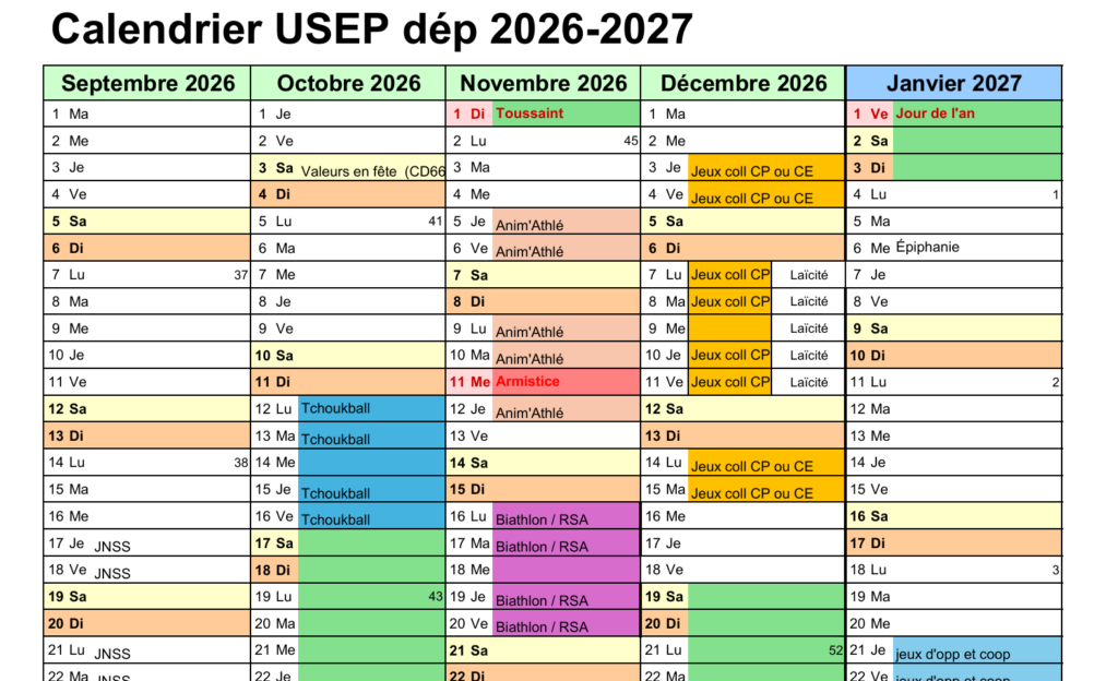Aperçu du calendrier général des rencontres USEP 2026/2027