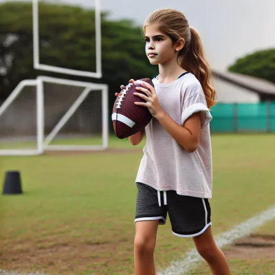 DALL·E 2024-07-11 11.16.31 - An 11-year-old girl, without a helmet, preparing to throw an American football. She is standing on a grassy field, wearing casual sportswear such as a